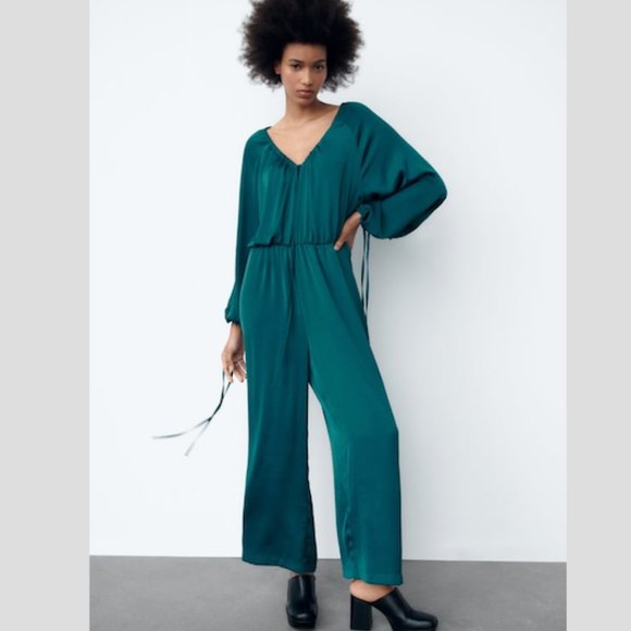 Zara V-Neck Satin Effect Jumpsuit Teal Sz XS NWT - Picture 6 of 10